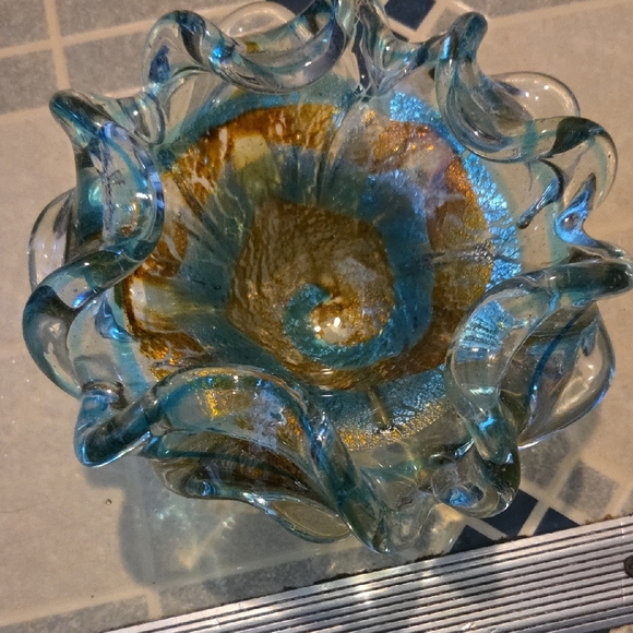 Artistic Glass Bowl with Blue and Gold Swirl Murano Glass 1950Mid Centery Modern